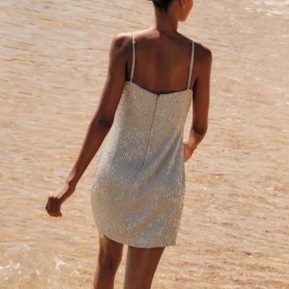 ZARA Gray Silver Beaded Spaghetti Strap Mini Dress S NWT - Picture 9 of 13